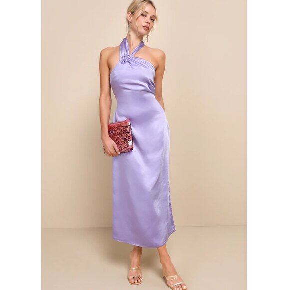 Lulus Perfectly Sleek Lavender Satin Halter Slip Midi Dress, #2302171, Sz M, $40 - Picture 1 of 14